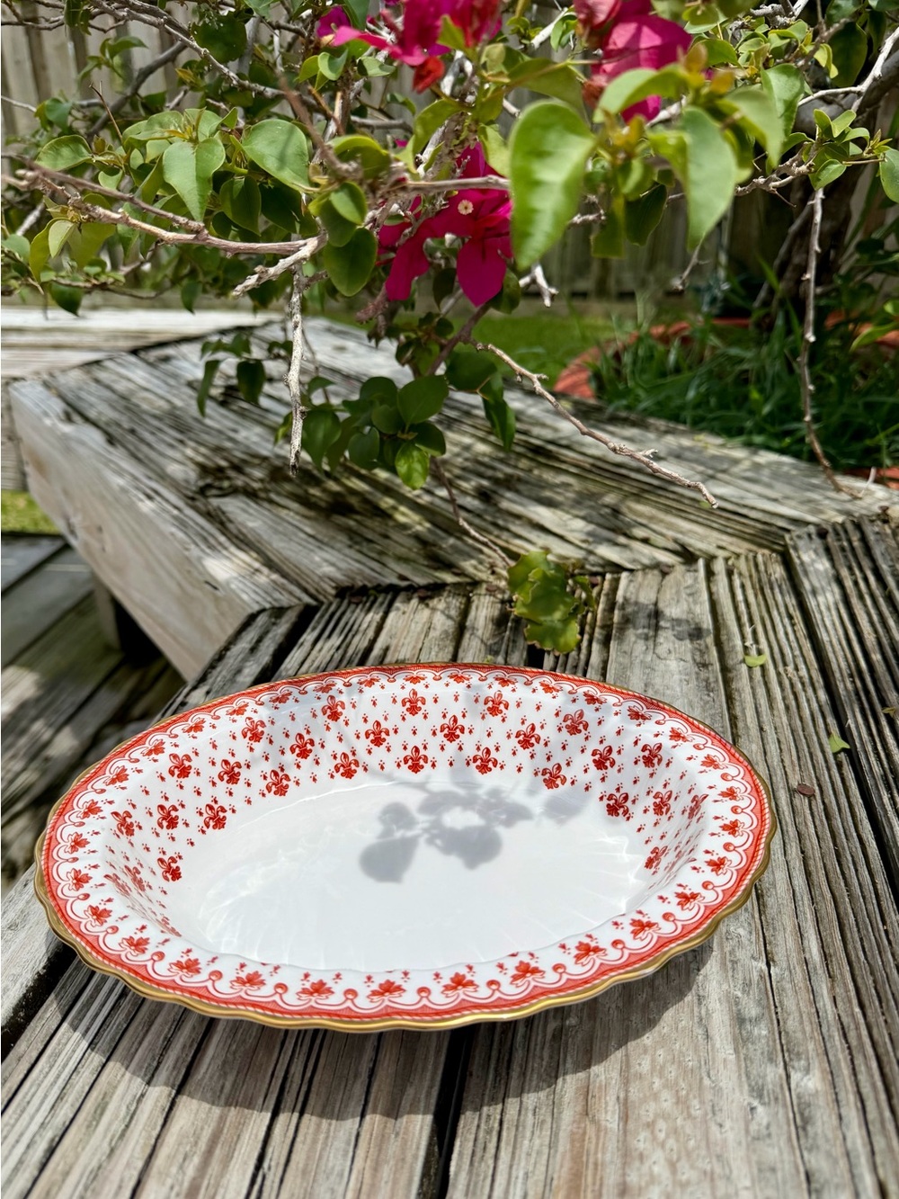 Vintage Fleur de Lis Spode Red-Trim Ceramic Serving Bowl
